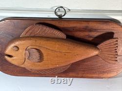 MidCentury Folk Art Lester Baker 1970 Hand Carved Whale Solid Wood Plaque Signed