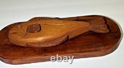 MidCentury Folk Art Lester Baker 1970 Hand Carved Whale Solid Wood Plaque Signed