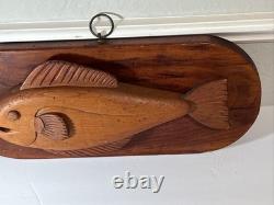 MidCentury Folk Art Lester Baker 1970 Hand Carved Whale Solid Wood Plaque Signed