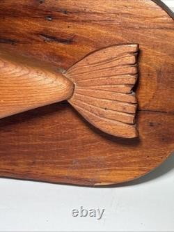 MidCentury Folk Art Lester Baker 1970 Hand Carved Whale Solid Wood Plaque Signed