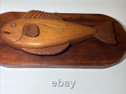 MidCentury Folk Art Lester Baker 1970 Hand Carved Whale Solid Wood Plaque Signed