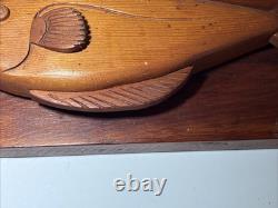 MidCentury Folk Art Lester Baker 1970 Hand Carved Whale Solid Wood Plaque Signed