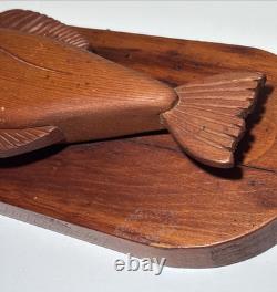 MidCentury Folk Art Lester Baker 1970 Hand Carved Whale Solid Wood Plaque Signed