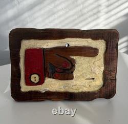 Mid Century Black Folk Art Carved Wood Relief Wall Hanging Sign Advertisement