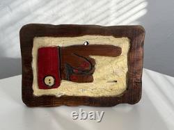 Mid Century Black Folk Art Carved Wood Relief Wall Hanging Sign Advertisement