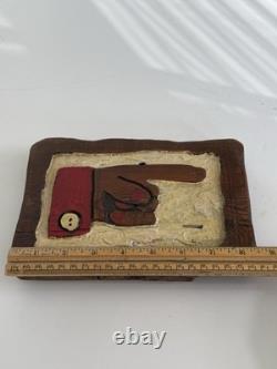 Mid Century Black Folk Art Carved Wood Relief Wall Hanging Sign Advertisement