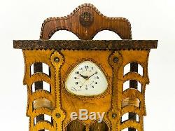 Mid Century Folk / Tramp Art Wood Carved Mantle Clock Howard Finster Type