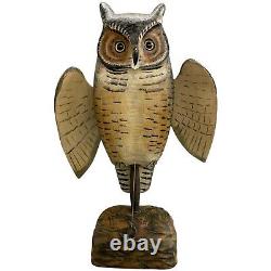 Mike Borrett Polychrome Folk Art Carved Wooden Great Horned Owl Decoy