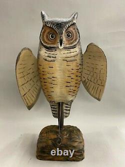 Mike Borrett Polychrome Folk Art Carved Wooden Great Horned Owl Decoy