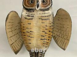 Mike Borrett Polychrome Folk Art Carved Wooden Great Horned Owl Decoy