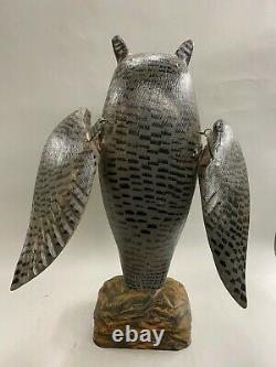 Mike Borrett Polychrome Folk Art Carved Wooden Great Horned Owl Decoy