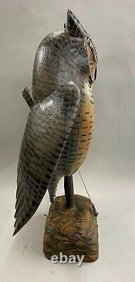 Mike Borrett Polychrome Folk Art Carved Wooden Great Horned Owl Decoy