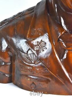Monumental Vintage Folk Art Carved Wood Bust Sculpture US Military Two Star Gene