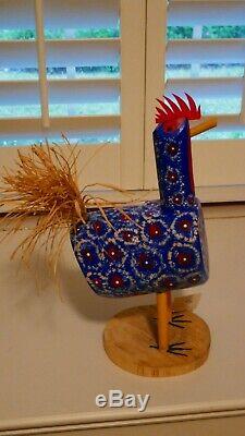 Native American (Navaho) Folk Art Wood Chicken, Ben Curley, blue, 13 initialed
