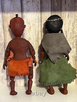 New York Jacob Mathey Folk Outsider Art Carved Rare Indian Couple Dolls 1978