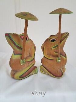 Nice MCM Pair signed 2 Large Vintage Figurine Frog Wooden Hand Carved w Umbrella