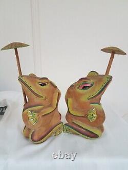 Nice MCM Pair signed 2 Large Vintage Figurine Frog Wooden Hand Carved w Umbrella