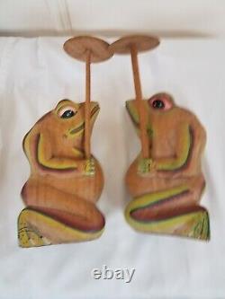 Nice MCM Pair signed 2 Large Vintage Figurine Frog Wooden Hand Carved w Umbrella