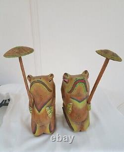 Nice MCM Pair signed 2 Large Vintage Figurine Frog Wooden Hand Carved w Umbrella