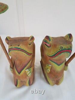 Nice MCM Pair signed 2 Large Vintage Figurine Frog Wooden Hand Carved w Umbrella