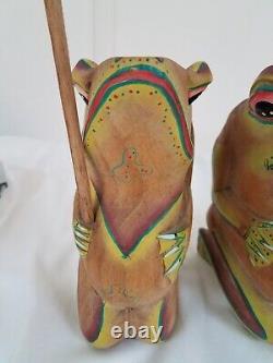 Nice MCM Pair signed 2 Large Vintage Figurine Frog Wooden Hand Carved w Umbrella