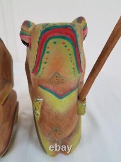 Nice MCM Pair signed 2 Large Vintage Figurine Frog Wooden Hand Carved w Umbrella