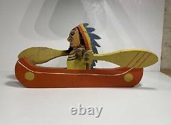 Nice Old American Folk Art Indian In Canoe Whirligig Carving Ca 1930s