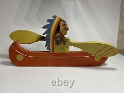 Nice Old American Folk Art Indian In Canoe Whirligig Carving Ca 1930s