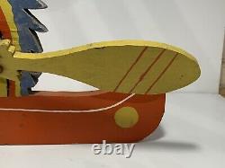 Nice Old American Folk Art Indian In Canoe Whirligig Carving Ca 1930s