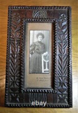 Nice! Unusual folk art TRAMP ART picture frame CARVED FLOWERS Boston Primitive