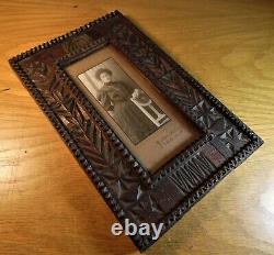 Nice! Unusual folk art TRAMP ART picture frame CARVED FLOWERS Boston Primitive