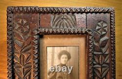 Nice! Unusual folk art TRAMP ART picture frame CARVED FLOWERS Boston Primitive