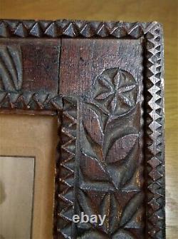 Nice! Unusual folk art TRAMP ART picture frame CARVED FLOWERS Boston Primitive