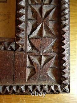 Nice! Unusual folk art TRAMP ART picture frame CARVED FLOWERS Boston Primitive