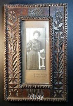 Nice! Unusual folk art TRAMP ART picture frame CARVED FLOWERS Boston Primitive