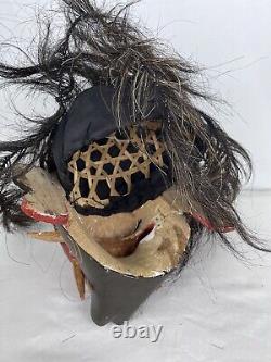 OLD 21 CARVED WOOD ANCESTOR MASK Figure Tribal Folk Art Head with Hair