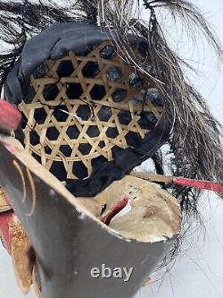 OLD 21 CARVED WOOD ANCESTOR MASK Figure Tribal Folk Art Head with Hair