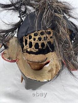 OLD 21 CARVED WOOD ANCESTOR MASK Figure Tribal Folk Art Head with Hair