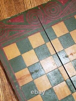 OLD HAND CARVED/PAINTED CHECKERS 1800s BOARD GAME FOLK ART primitive