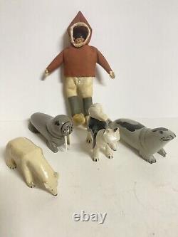 OLD Northwest coast Eskimo Doll Animals Set Hand carve wooden sculpture folk Art