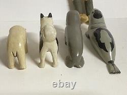 OLD Northwest coast Eskimo Doll Animals Set Hand carve wooden sculpture folk Art
