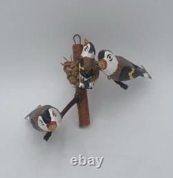 OOAK Bird Carved Wood Folk Art Vintage 3 European Goldfinches Basket Nest 5.5x7