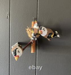 OOAK Bird Carved Wood Folk Art Vintage 3 European Goldfinches Basket Nest 5.5x7