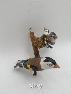 OOAK Bird Carved Wood Folk Art Vintage 3 European Goldfinches Basket Nest 5.5x7