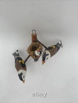 OOAK Bird Carved Wood Folk Art Vintage 3 European Goldfinches Basket Nest 5.5x7