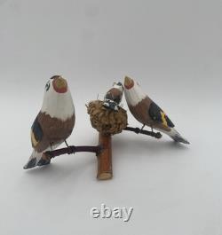 OOAK Bird Carved Wood Folk Art Vintage 3 European Goldfinches Basket Nest 5.5x7