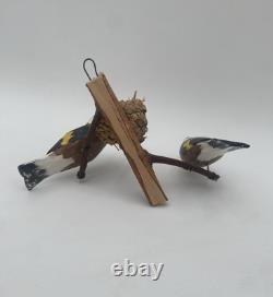 OOAK Bird Carved Wood Folk Art Vintage 3 European Goldfinches Basket Nest 5.5x7