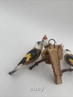 OOAK Bird Carved Wood Folk Art Vintage 3 European Goldfinches Basket Nest 5.5x7