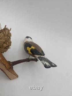 OOAK Bird Carved Wood Folk Art Vintage 3 European Goldfinches Basket Nest 5.5x7