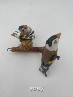 OOAK Bird Carved Wood Folk Art Vintage 3 European Goldfinches Basket Nest 5.5x7